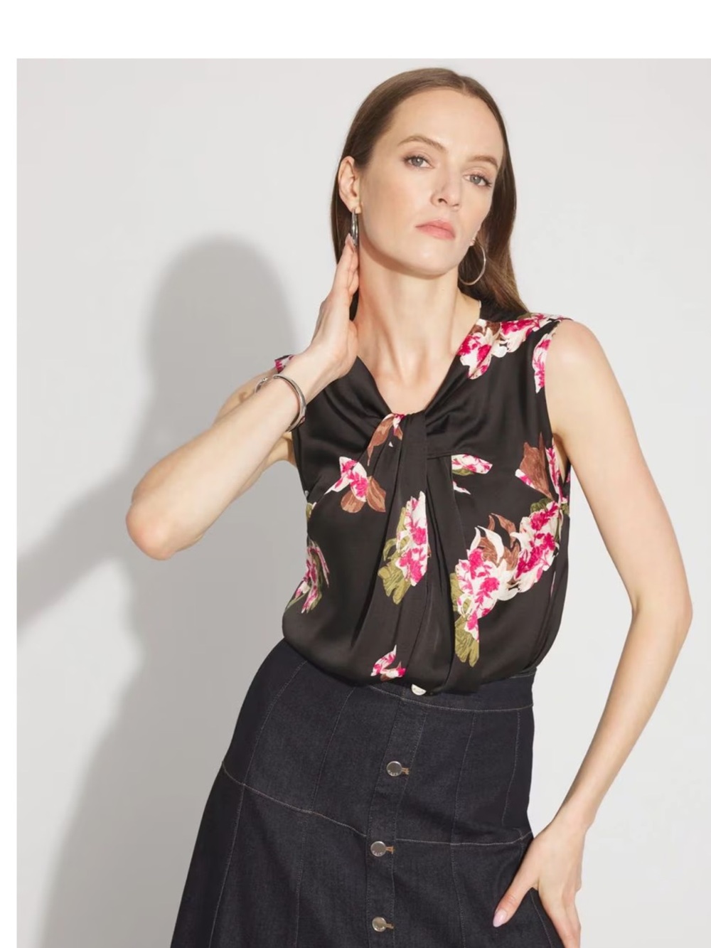 White House Black Market Black Floral Satin Twist Neck Shell